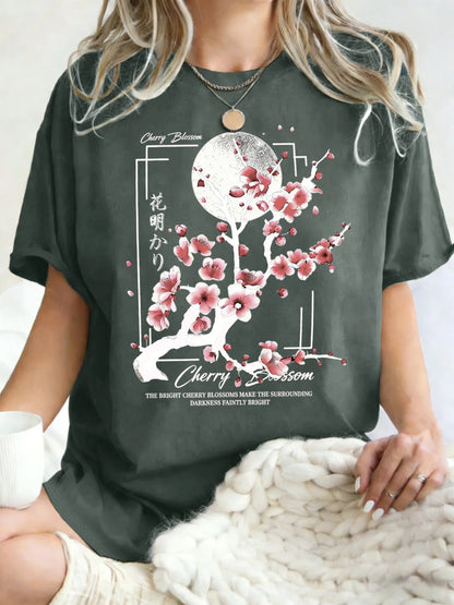 Japanese Cherry Blossom Design Women'S T-Shirt Loose Cotton T Shirts Crewneck Trendy Short Sleeve Y2K Summer Casual Streetwear