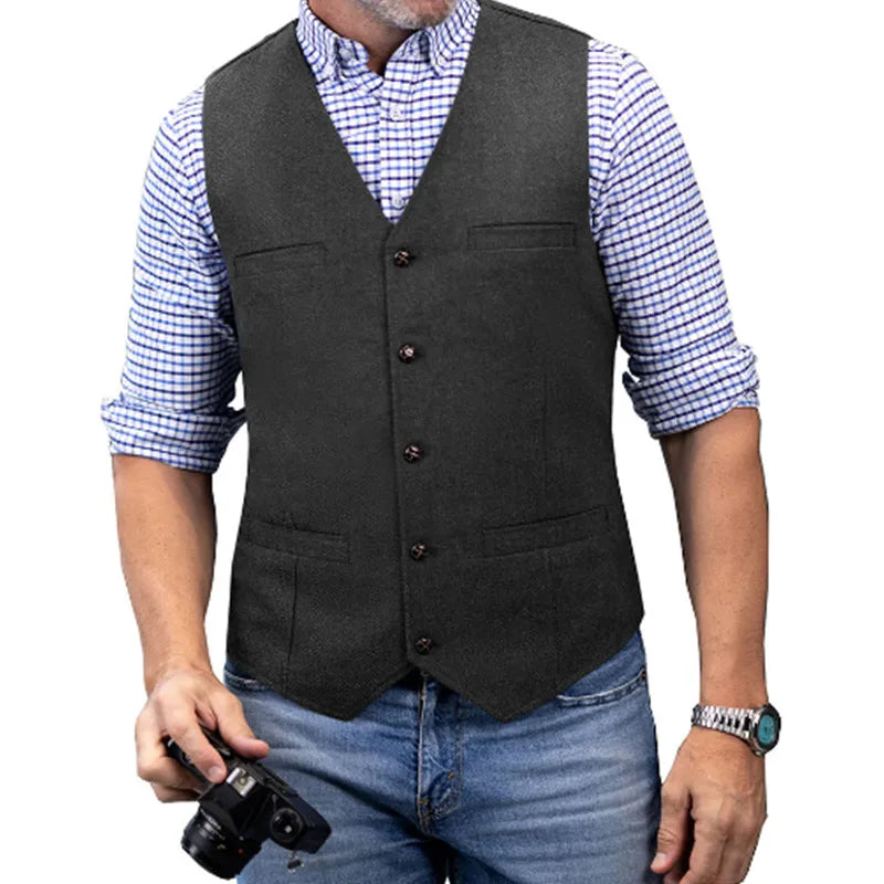 Men's Casual Classic Suit Vest V Neck Herringbone Tweed Slim Fit Business Waistcoat For Wedding