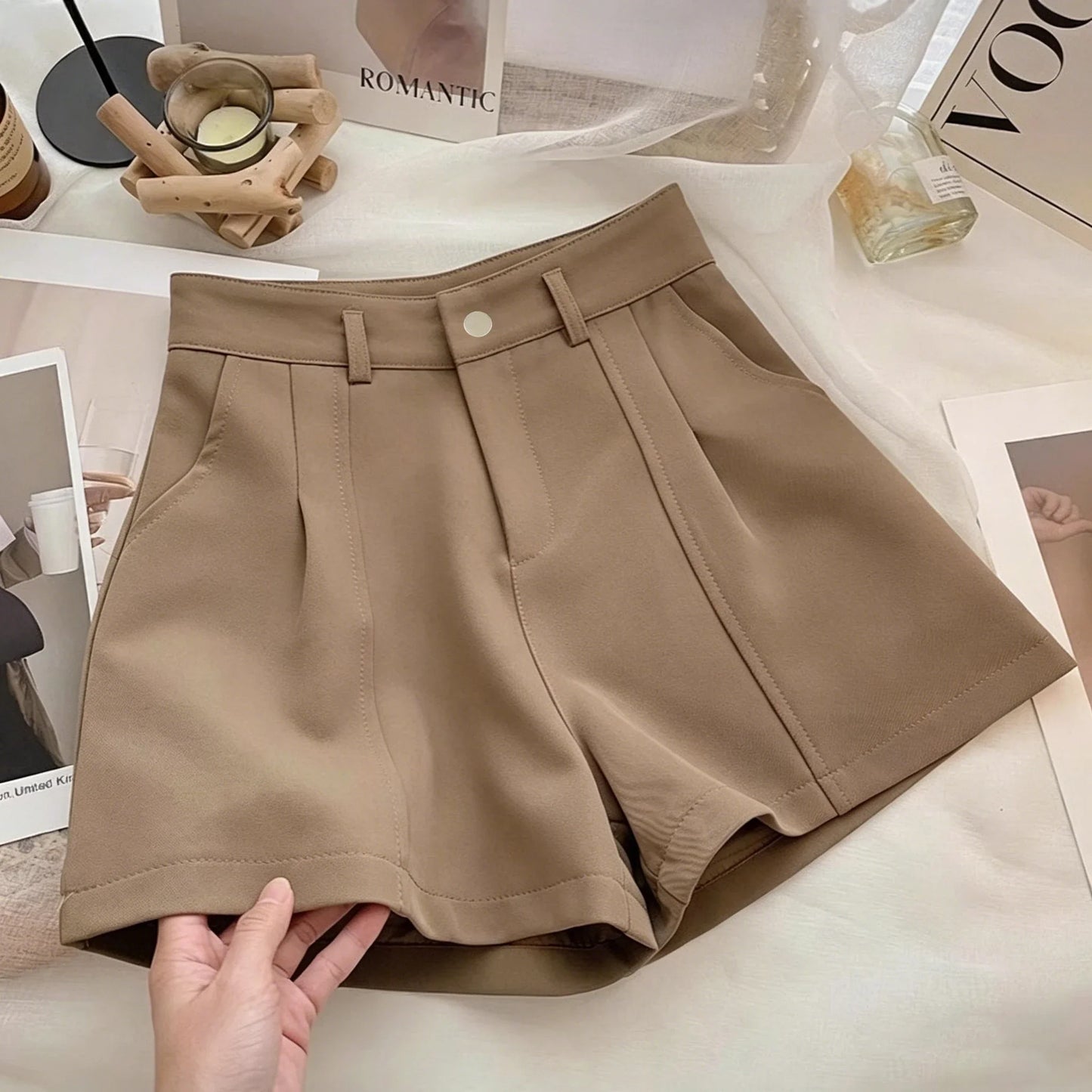 Casual Women A-Line Shorts Fashion Office Lady Commute Vintage Solid High Waist Short Pants Casual Streetwear Summer Trousers