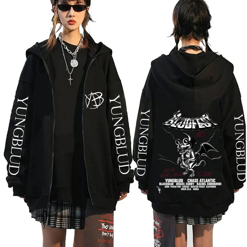 Singer Yungblud Black Hearts Club Zipper Hoodie Male Fleece Cotton Zip Up Hoodies Men Women Rock Vintage Oversized Zip Up Jacket