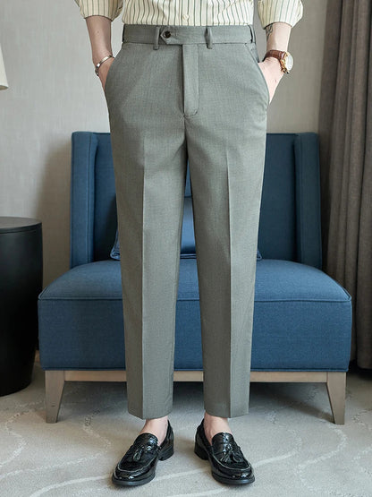 British Style Elastic Waist Men's Casual Slim Fit Trousers Summer High Quality Business Office Dress Wedding Party Suit Pants