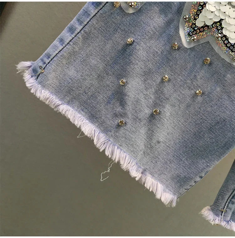 Ladies' Beaded and Sequined Denim Cropped Pants, New Summer Style, Raw-edge Straight-cut, Slim-fitting, Versatile Shorts