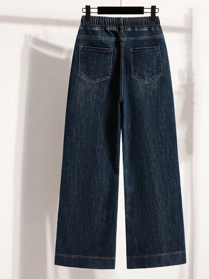 Slimming Wide Leg Jeans Women's Casual Straight Cut Spring Autumn ular plus Size Cotton Stretch Denim Pure Color