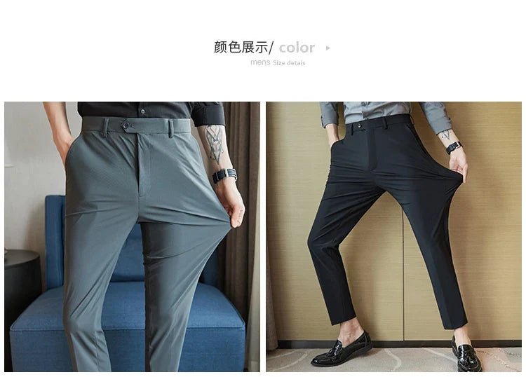 Mens Dress Pants Trousers 2025 Summer New Thin Breathable Solid Casual High Elastic Slim Fit Suit Pants Streetwear Men Clothing