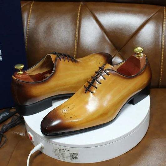 Mens Oxford Genuine Leather Shoes Whole Cut Fashion Pointed Toe Lace-up Formal Business Wedding Dress Shoes for men