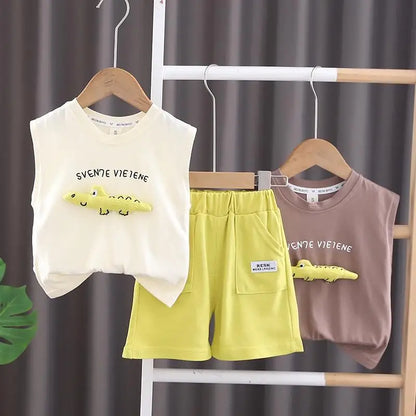 Boys Clothing Children Summer Girls Set Kids Clothing Cartoon Crocodile Sleeveless Shorts 2pcs Suits Children Tracksuits 0-5Year