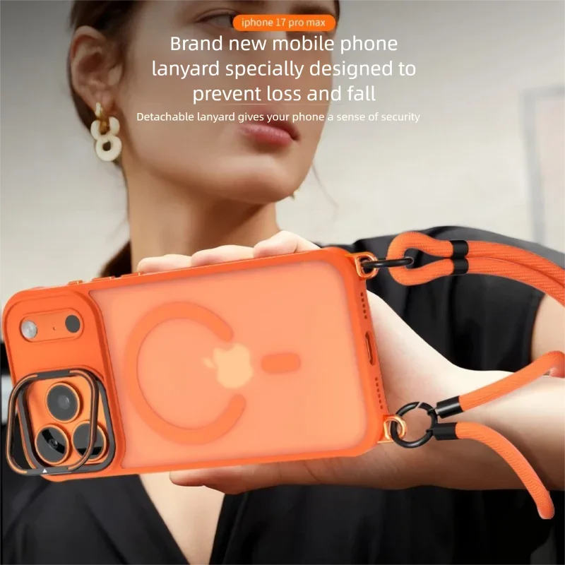 Metal Lens Stand Magnetic Case For iPhone 17 Air 16 Plus 15 14 13 Pro Max With Crossbody Lanyard Strops Heavy Duty Protection