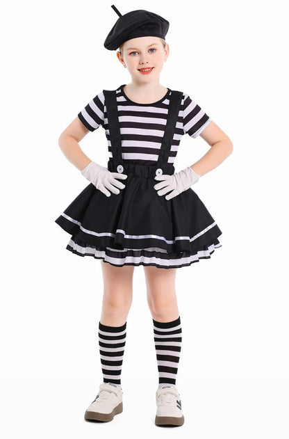 Mime Costume Clown Cosplay Clothing Girls Stage Performance Skirt T-shirt Hat Gloves Halloween Carnival Party Suit ﻿