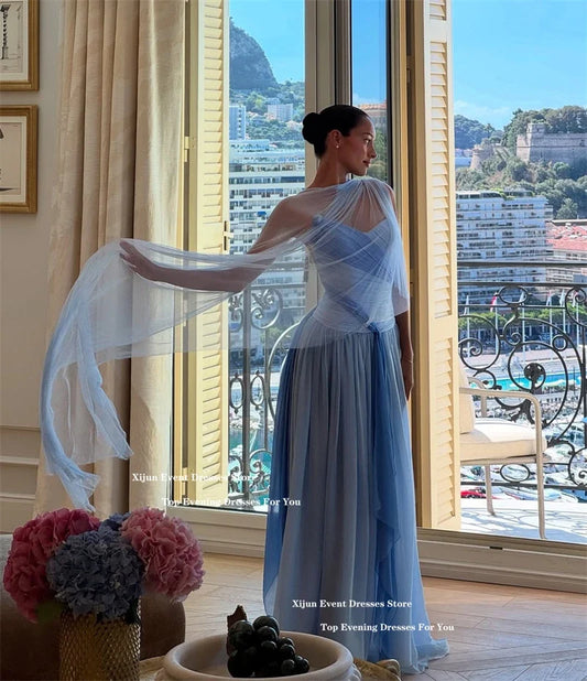 Elegant Blue Chiffon Evening Dresses Sweetheart Scarf A-Line Long Prom Dresses Pleated Sleeveless Prom Gowns 2025 Customiz