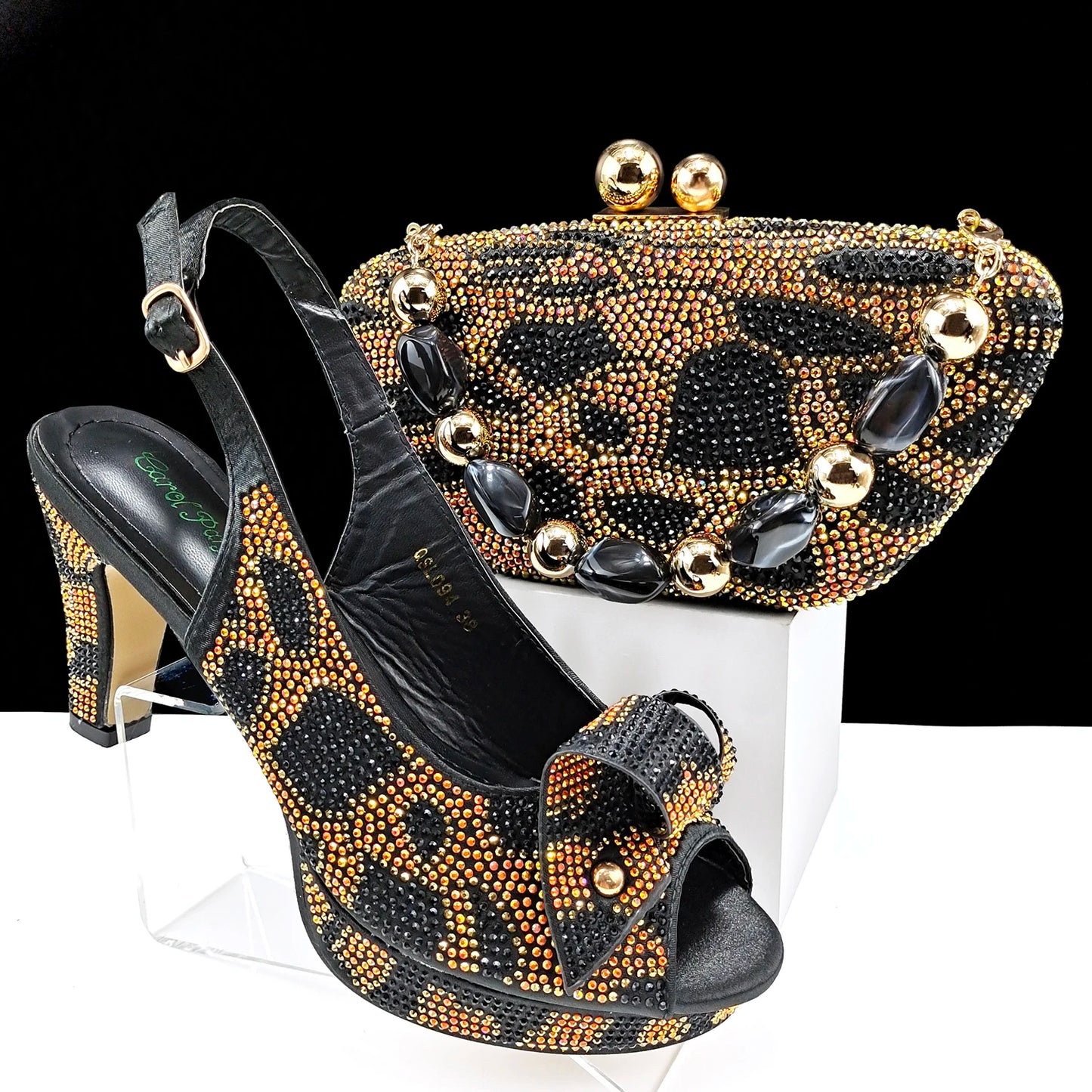 Nigeria Women's Open Toe High Heels Package Set Leopard Colorblocking Hot Rhinestones Fashion Sexy High Heels