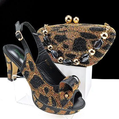 Italian Design Hard Bag & Open Toe High Heels Set Fuchsia Color Blocking Hot Rhinestones Fashion Sexy Women High Heels