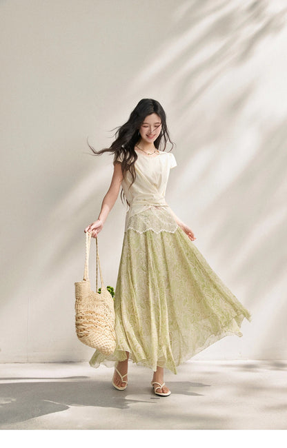 New French-style Twisted Crossover Waist-cinching Blouses Lace Patchwork Slim Fit Elegant Short Sleeve Top MXF22X2603