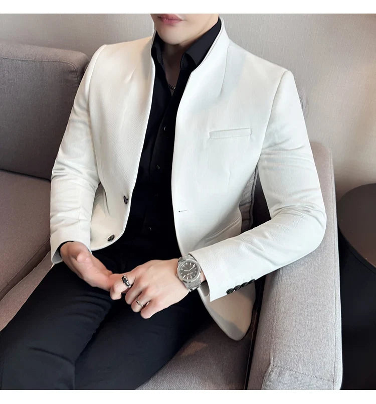 New Waffle Chinese Stand-Up Collar Blazers Men Slim Fit Business Casual Fashion Suits Jacket Formal Social Prom Party Tuxedos