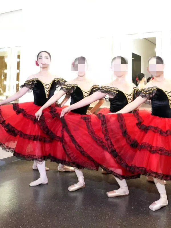 Professional Ballet Romantic Tutu Long Skirt Black Red Spain Dress Girls Adult Children's Performance Ballet Clothes For Women