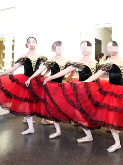 Professional Ballet Romantic Tutu Long Skirt Black Red Spain Dress Girls Adult Children's Performance Ballet Clothes For Women
