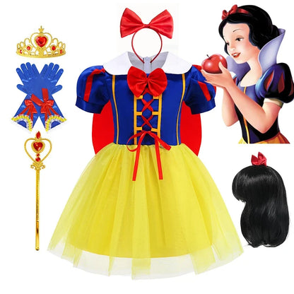 Girl Cosplay Disney Snow White Dress Kids Gown With Cloak Headband Children Princess Dress Up Costume Halloween Party Outfits