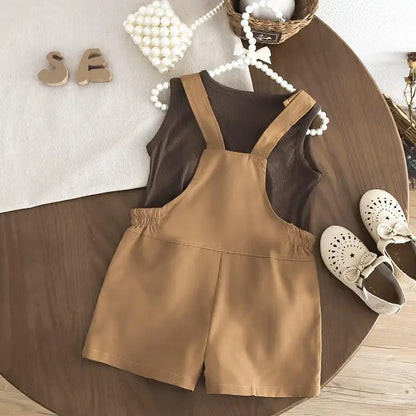New Summer Baby Girls Clothes Suit Children Fashion Labeling Vest Top Large Pocket Overalls 2Pcs/Sets Kids Tracksuits Outfits