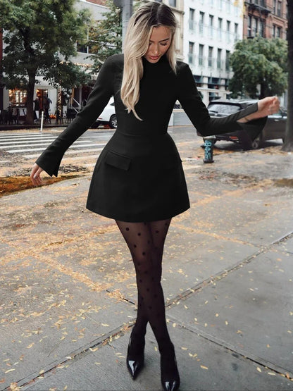 Long Sleeves Zipper Bodycon Mini Dress With Pocket Solid Elegant Outfit Office Streetwear Women’S Autumn Winter Clothes