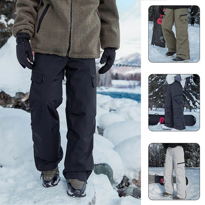 Autumn Winter Men's Three-proof Pants 90 Velvet Warm Fabrics Wear-resistant Large Pockets Elastic Waist Outdoor Sports Pants