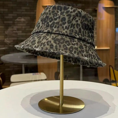 Leopard Print Bucket Hats Women Retro Hole Washed Border Men's Fisherman Hats Seasonal Outdoor Travel Basin Caps Sun Hats