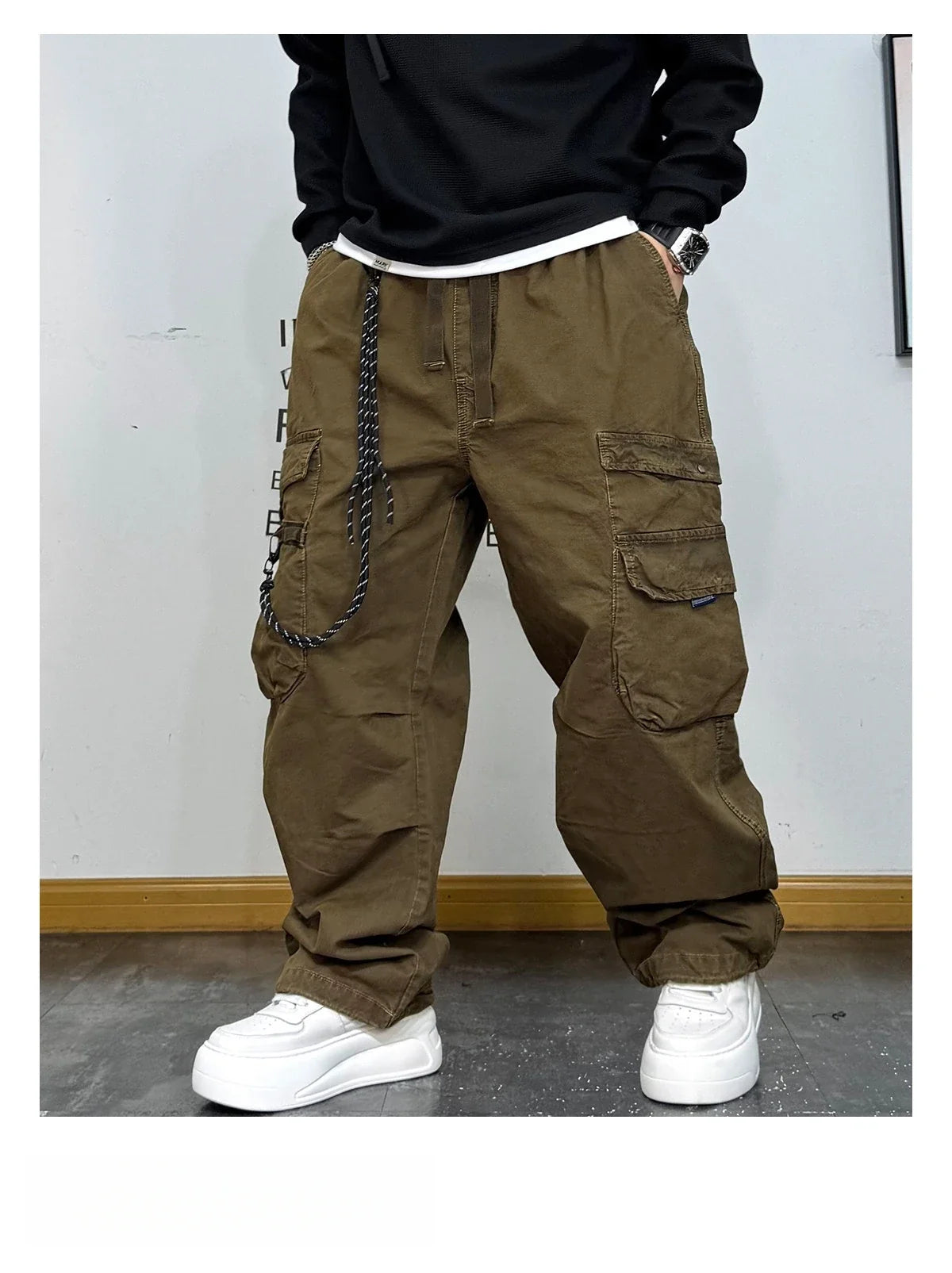 American Premium Cargo Pants Mens Pleated Baggy Multi Pocket Streetwear Oversized Straight Leg Casual Spring Fall Trendy Male