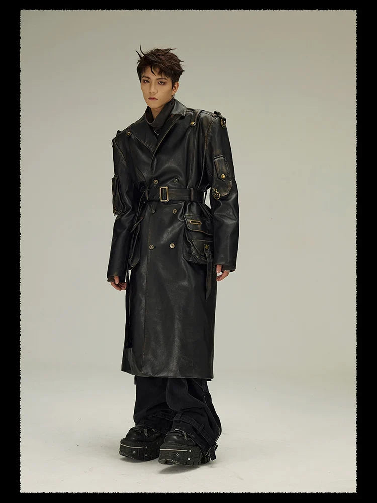 Spring Autumn Long  Distressed Black Pu Leather Trench Coat Men Belt Double Breasted Luxury European Fashion 2023