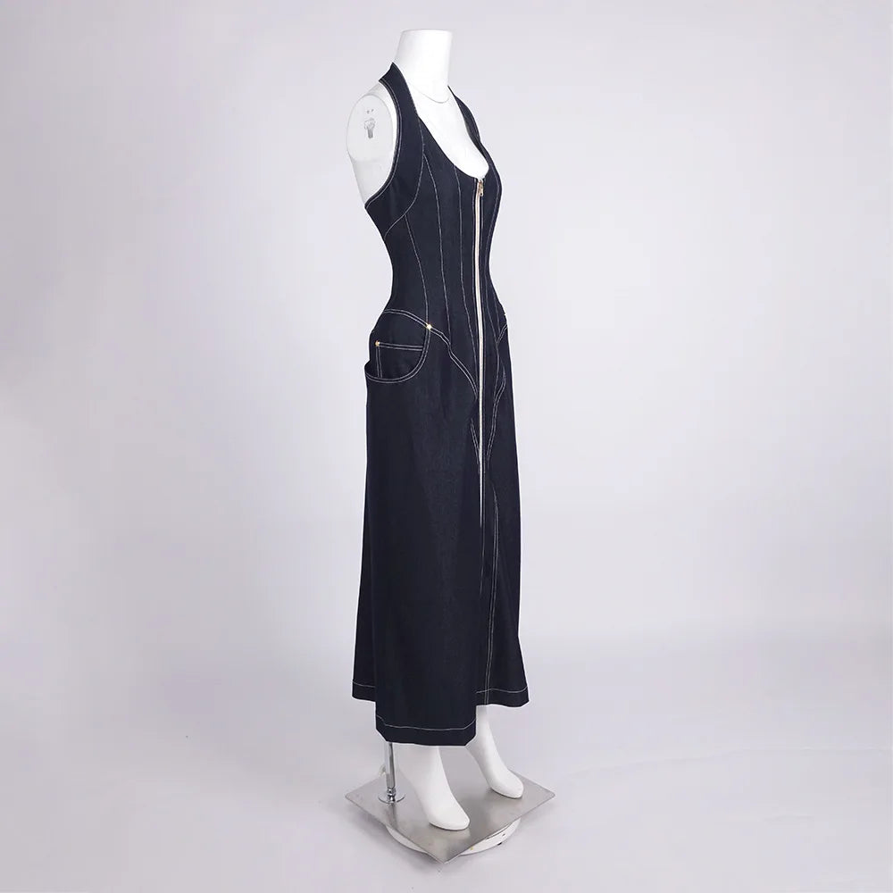 2025 New Women Celebrity Sexy Backless Halter Blue Zipper Denim Maxi Long Gowns Dress Elegant Evening Party Club Vestido