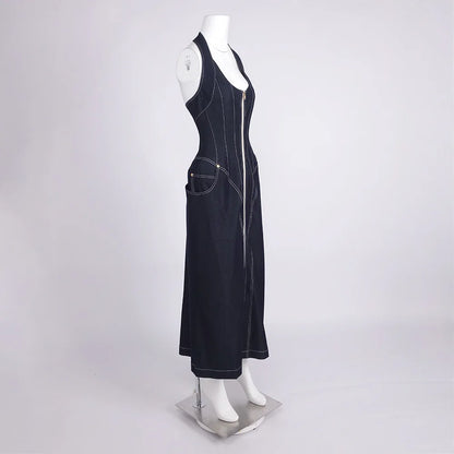 2025 New Women Celebrity Sexy Backless Halter Blue Zipper Denim Maxi Long Gowns Dress Elegant Evening Party Club Vestido