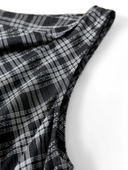 2026 Summer Women One Shoulder Asymmetrical Sleeveless Dress Plaid Check Midi Dress for Rebellious Prep & Vacation Style
