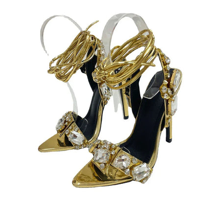Sexy Gold Sandals Women Crystal Diamond Party Nightclub Stripper Pumps Stiletto High Heels Pointed Toe Banquet Wedding Shoes