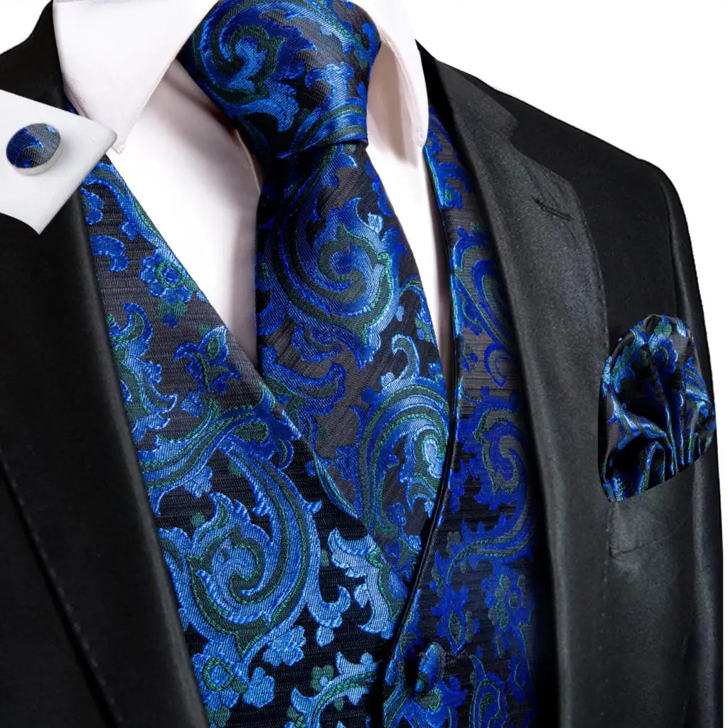 Jacquard Silk Mens Waistcoat Tie Set Sleeveless Jacket Necktie Hanky Cufflinks Suit Gold Blue Black Vest Wedding Business