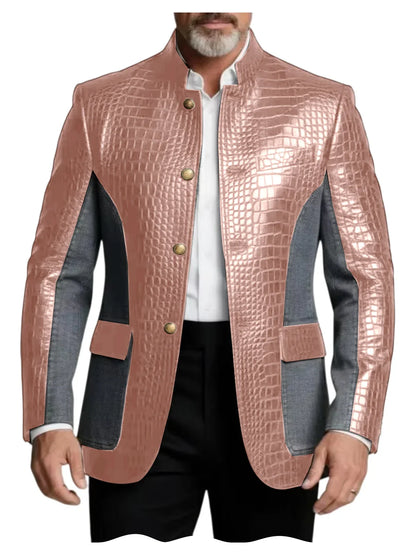 Men's Crocodile Embossed Leather Brown Jacket Patchwork Denim Stand Collar Slim Fit Luxury PU Blazer For Business Casual Party
