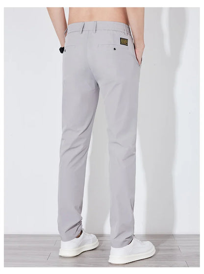 Summer Silk Stretch Smooth Trousers Men Business Elastic Waist Korean Classic Thin Cool Black Gray Casual Suit Pants Male Brand