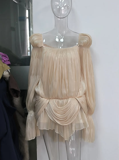 Satin Off Shoulder Pleated Mini Dress for Women Fashion Puff Sleeve  Cinched Waist Prom Party Skirt 2026 NEW Summer Lady Dresses