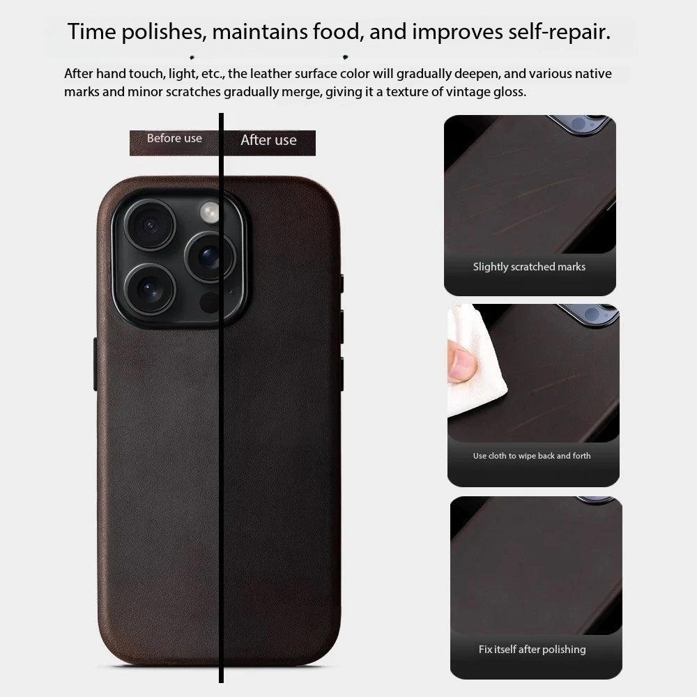 Italian Crazy Horse Genuine Leather Case for iPhone 16 15 17 Pro Max Magnetic Cases Personality Cowhide with MagSafe Phone Cover