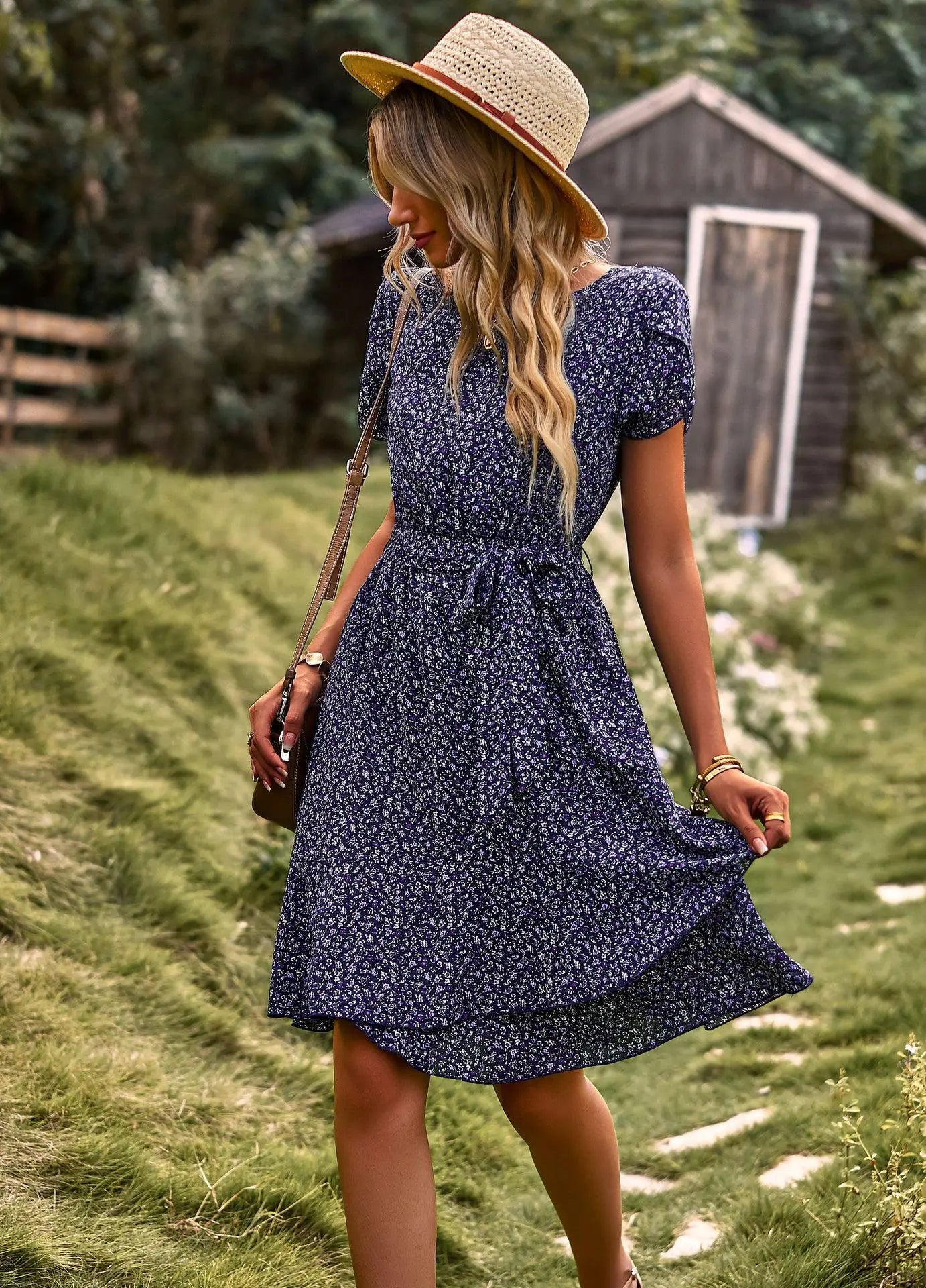 Summer O Neck Casual Printd Women Strap High Waist Pleated Floral Dress
