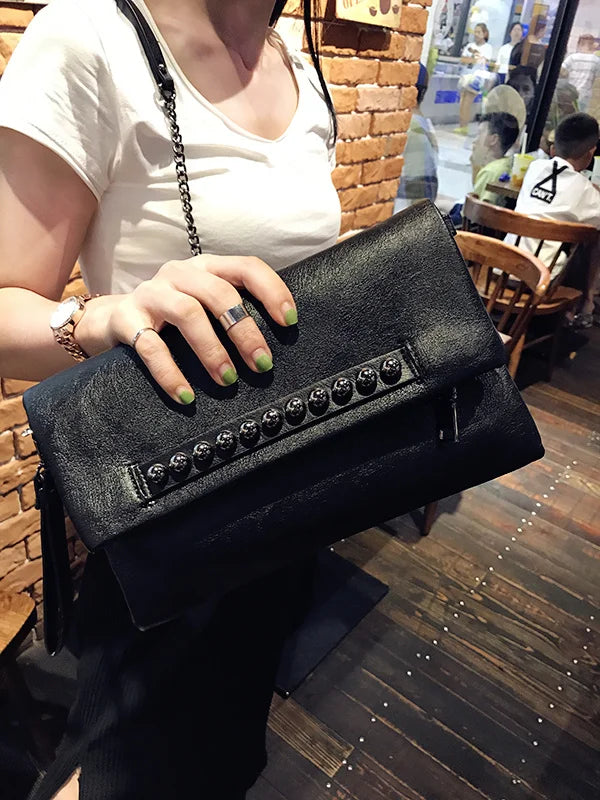 Folding design women Clutch Fashion rivets PU Leather Ladies Crossbody Bag chain Female Shoulder bag Clutches black wallet