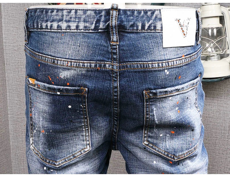 Fashion Streetwear Men Jeans Retro Black Blue Elastic Slim Fit Ripped Jeans Men Spliced Designer Embroidery Hip Hop Denim Pants