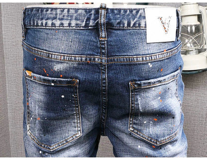 Fashion Streetwear Men Jeans Retro Black Blue Elastic Slim Fit Ripped Jeans Men Spliced Designer Embroidery Hip Hop Denim Pants