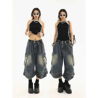 2026 Y2k Retro Women Low Rise Jorts Brushed Black Wash Cropped Baggy Jeans Wide Leg Frayed Denim Short Pants Fashion