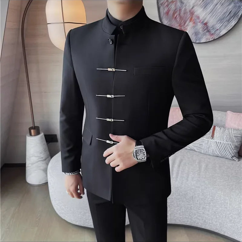 Chinese Style Stand Up Collar Suit Jacket for Men High Quality Mens Slim Fit Casual Social Wedding Dress Coat Men's Clothing