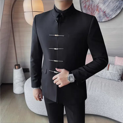 Chinese Style Stand Up Collar Suit Jacket for Men High Quality Mens Slim Fit Casual Social Wedding Dress Coat Men's Clothing