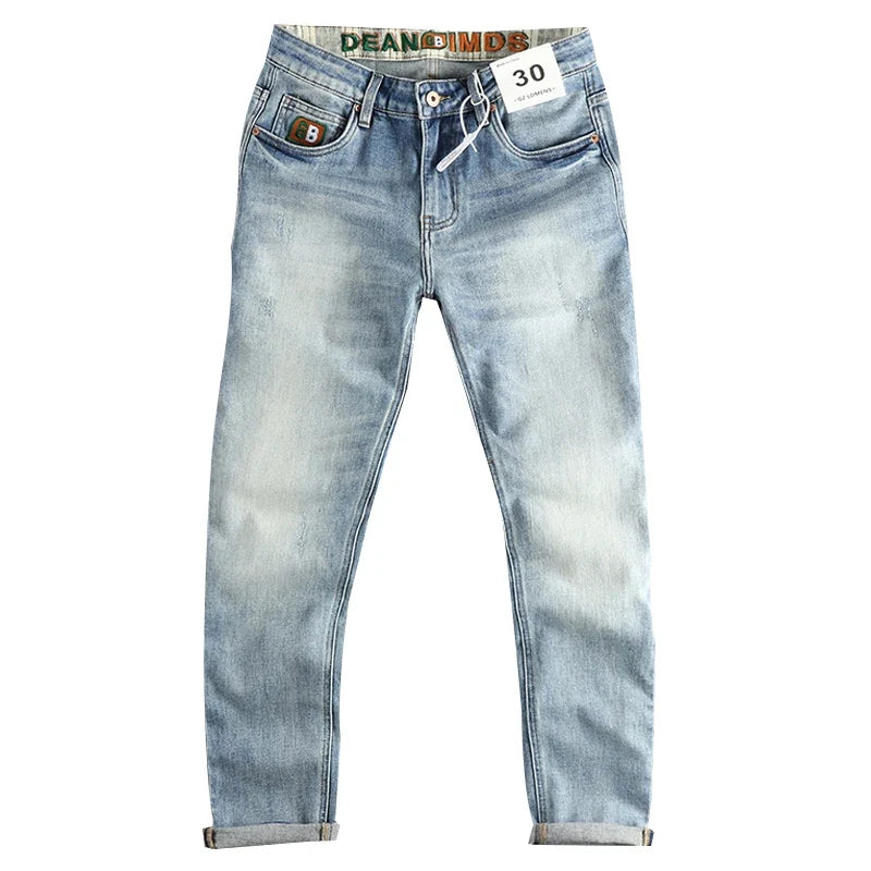 New wash light blue ground white jeans men's spring American fashion brand small straight leg retro casual youth pants