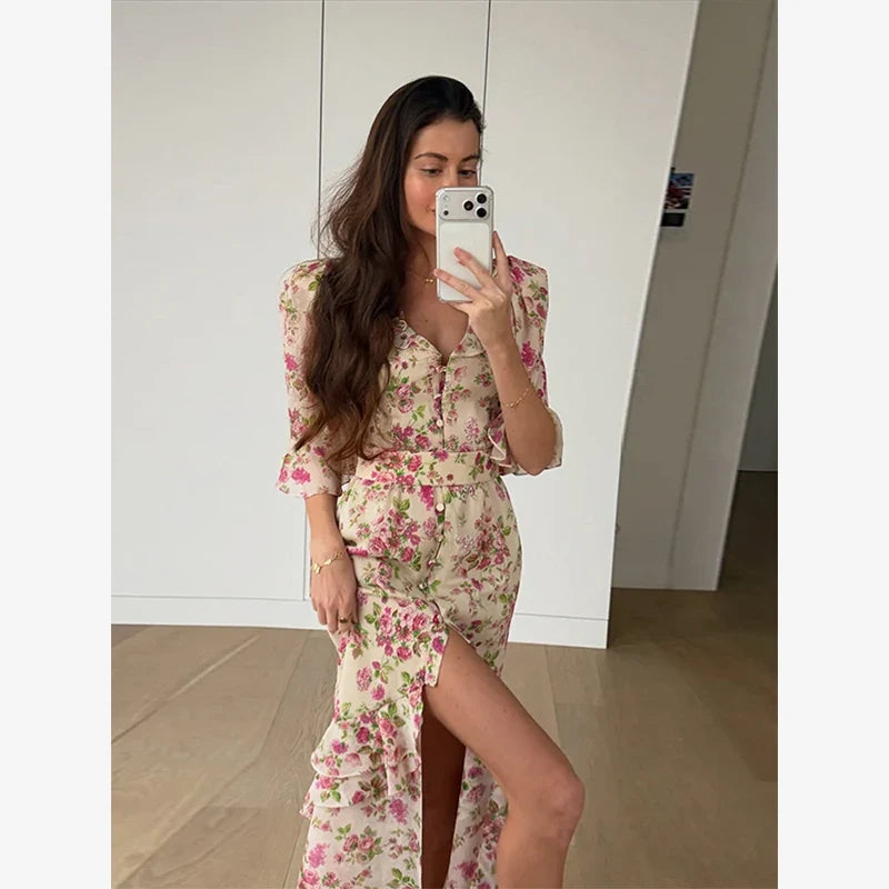 V-neck Organza Floral Chiffon Puff Sleeve Slit Long Dress Bodycon High Slit Bodycon Sexy Dresses Lady Chic Daily Sweet Date Robe