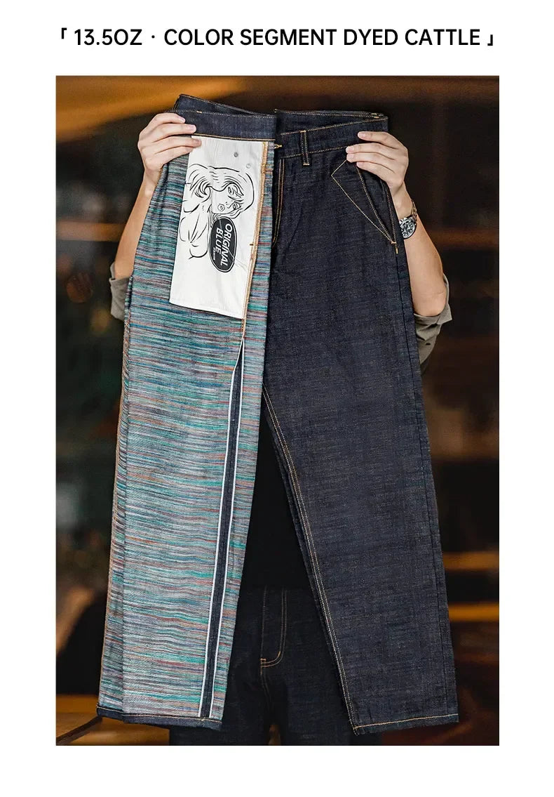 Vintage 13.5OZ Selvedge Raw Denim Jeans Cotton Straight Denim Pants Men's Heavyweight Blue Zip Fly with Pockets Trousers