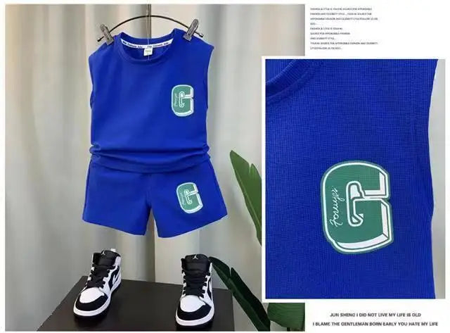 Summer Children Boys 2PCS Clothes Set Cotton Letter Bear Sleeveless Tops Tee Suit Thin Cool Sporty Shorts Kid Babys Boys Outfits
