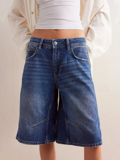 New Womens Knee Length Denim Shorts Solid Color Low Waist Wide Leg Jean Shorts For Summer Club Street Style S-2XL