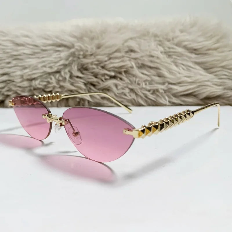 2026 Cat Eye Rivet Rimless Sunglasses Women Luxury Fashion Brand Oval Narrow Sun Glasses Shades Trendy Elegant Unique Eyewear