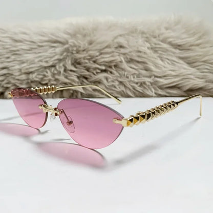 2026 Cat Eye Rivet Rimless Sunglasses Women Luxury Fashion Brand Oval Narrow Sun Glasses Shades Trendy Elegant Unique Eyewear
