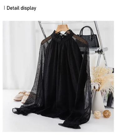 Spring Summer Black Polka Dots Mesh Women's Chiffon Blouses 2025 New Long Sleeve Stand Collar Vintage Loose Shirts Female